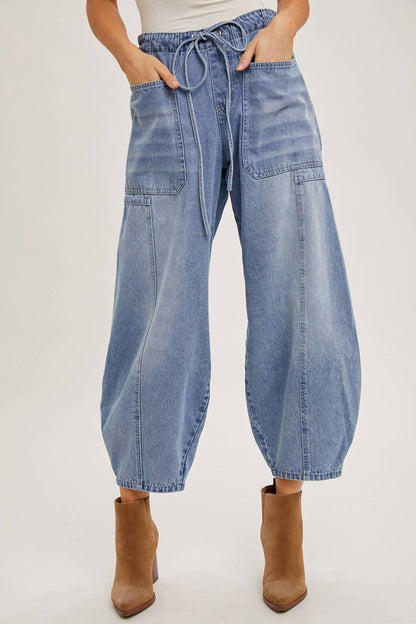 Libby Denim Mid-Waist Drawstrings Barrel Jeans