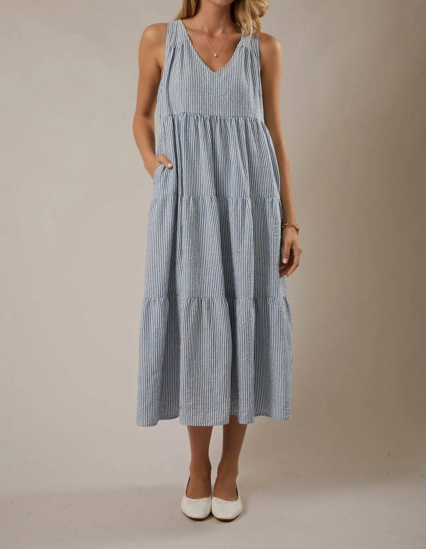 V-neck Sleeveless Tiered Stripe Midi Dress