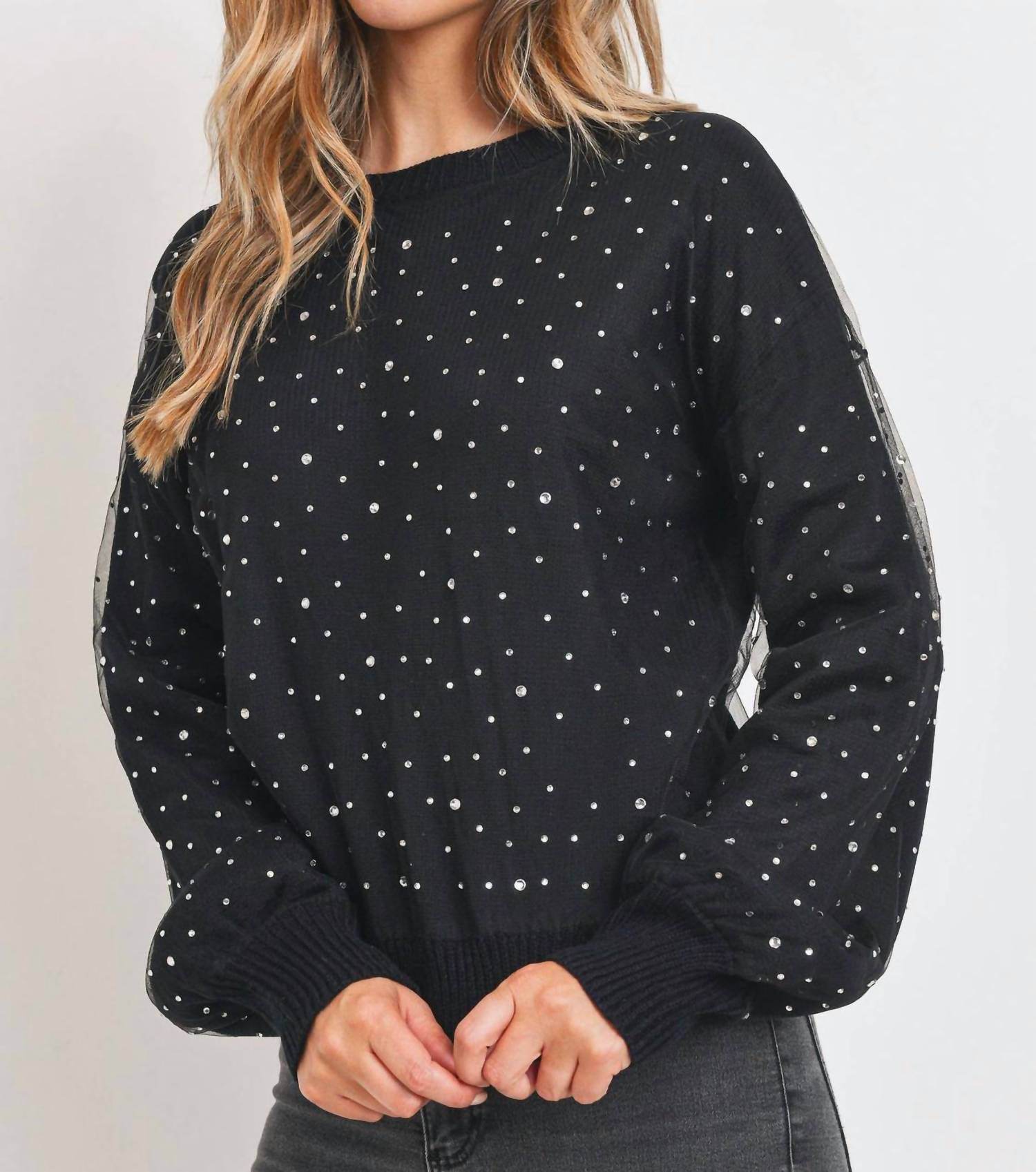 Sweet Rain - Rhinestone Sheer Overlay Sweater - Rack Hunt -