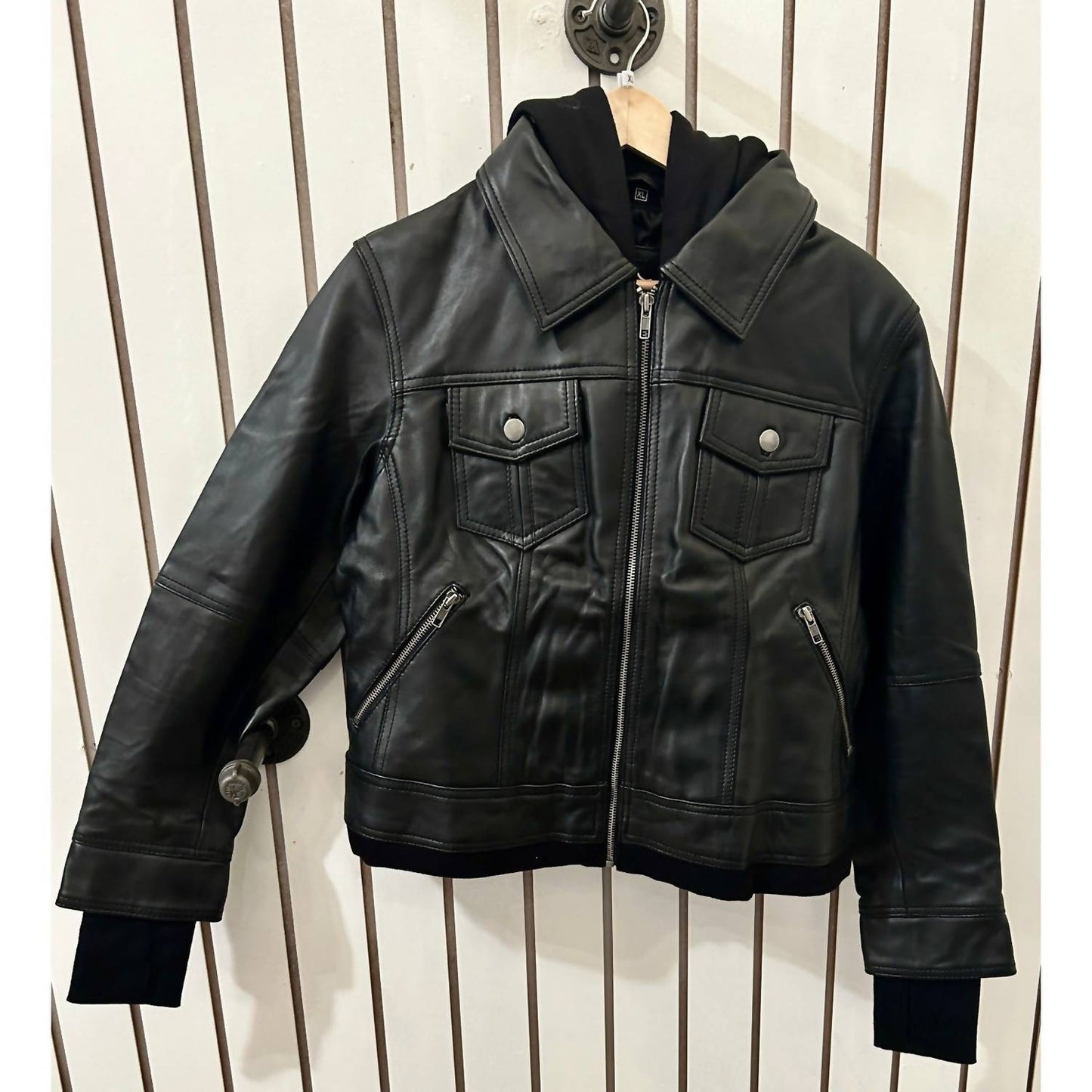 Women's Bomber Leather Jacket With Removable Hood