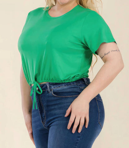 Tie Front Drawstring Short Sleeve Crop Top - Plus