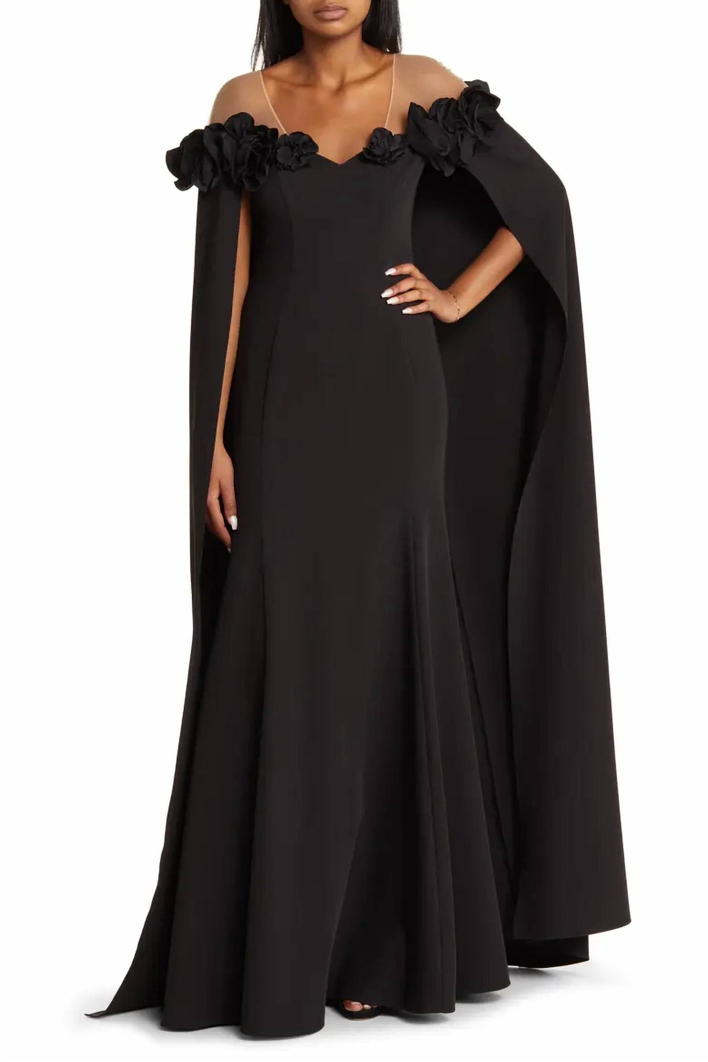 Flower Detail Illusion Shoulder Cape Gown