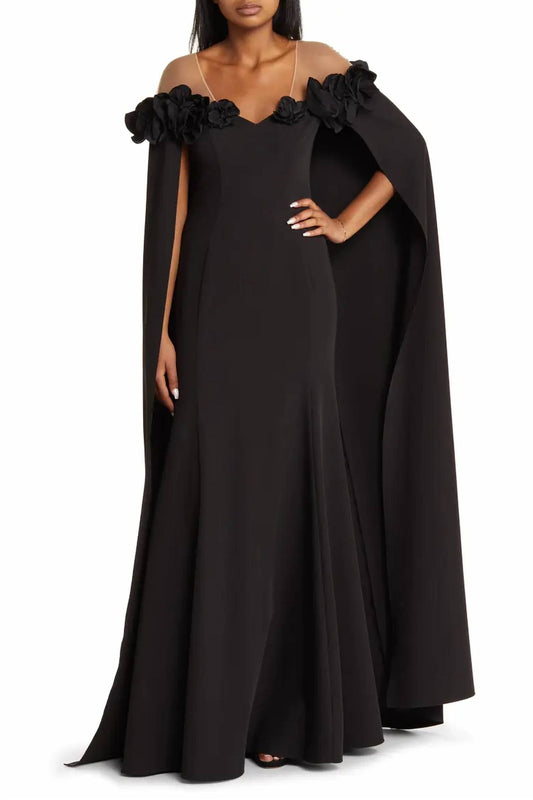 Flower Detail Illusion Shoulder Cape Gown