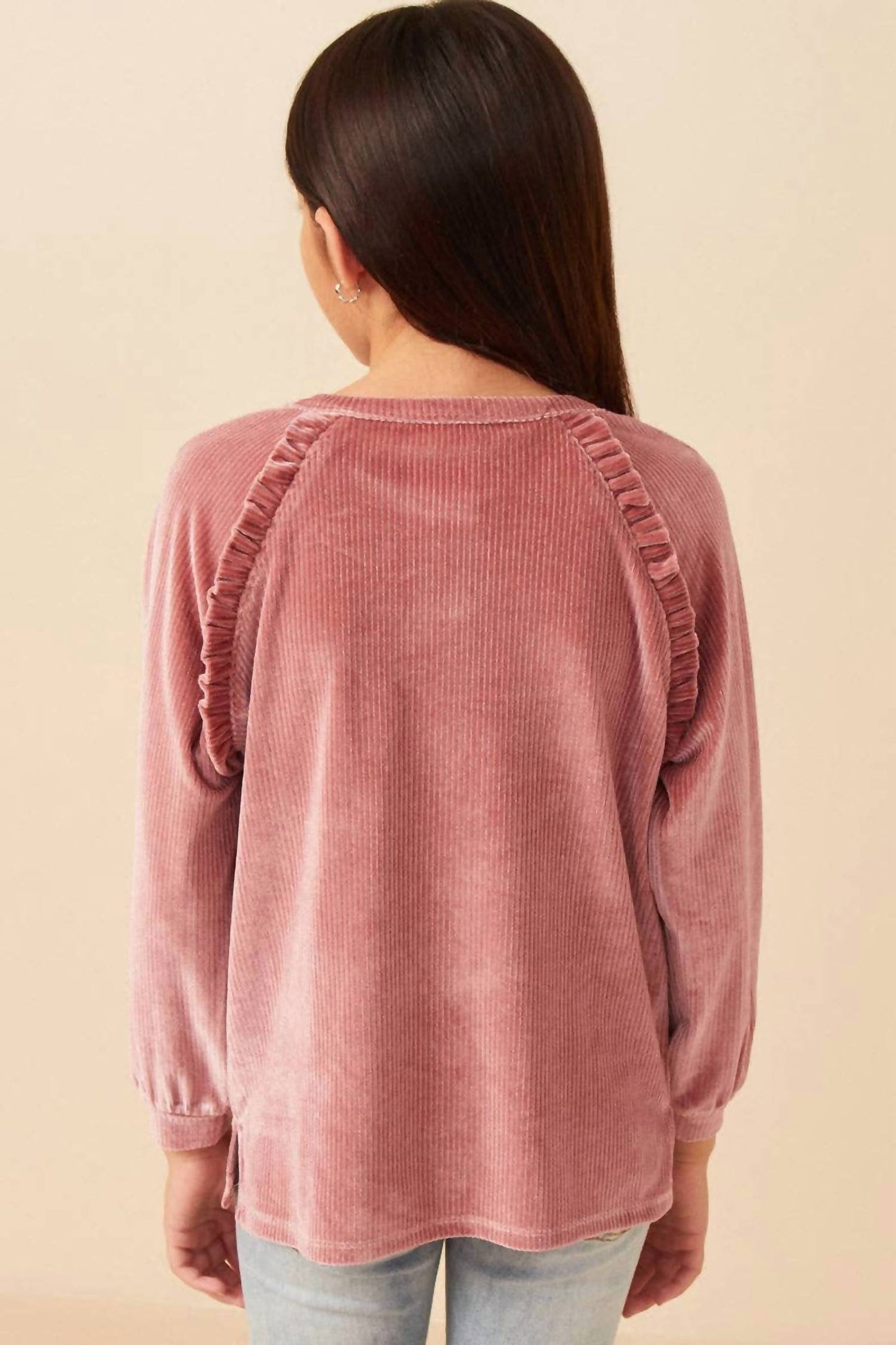 Girl's Ruffled Raglan Seam Brushed Rib Top