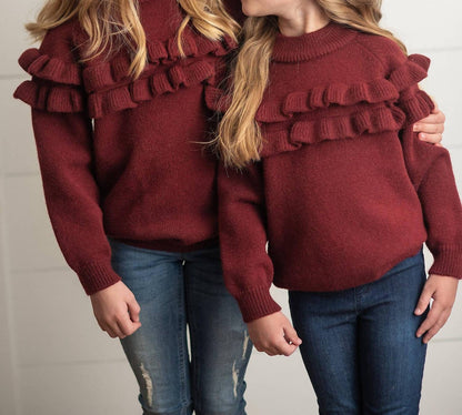Girl's Double Ruffle Crewneck Sweater