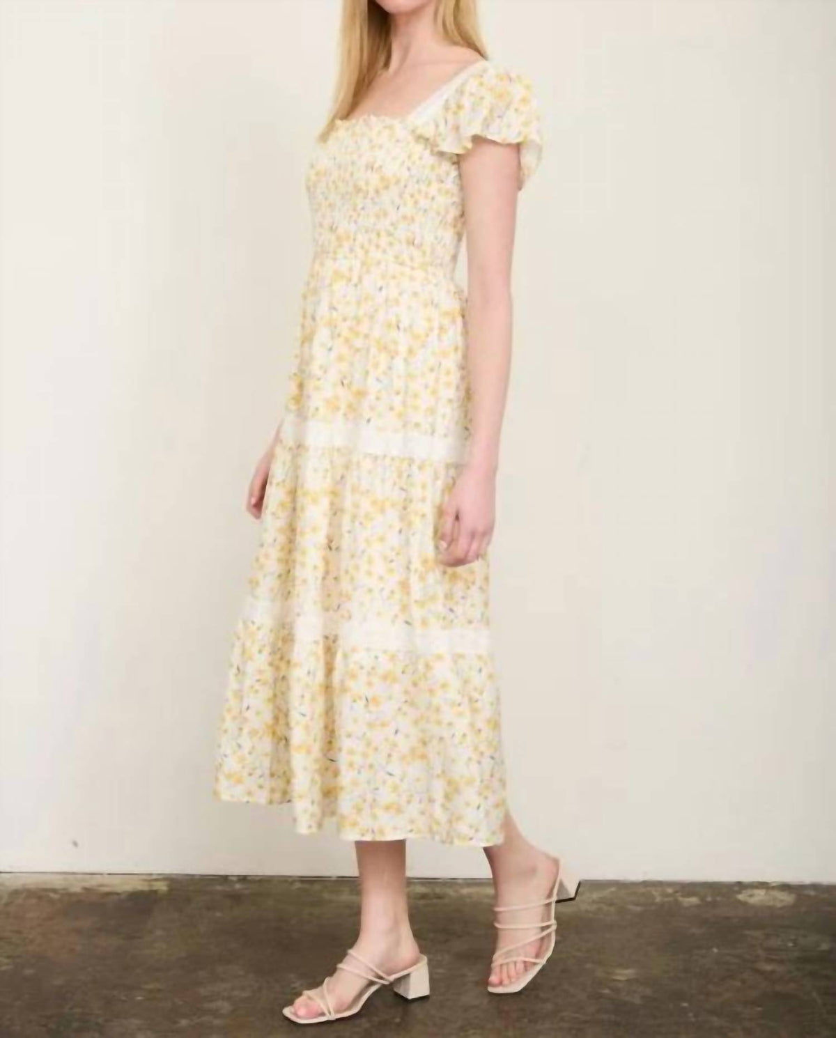Floral Lace Trim Smocked Tiered Midi Dress