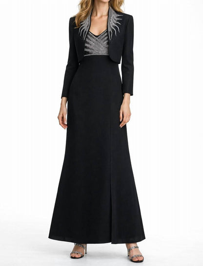 Beaded V-neck Evening Gown With Matching Bolero
