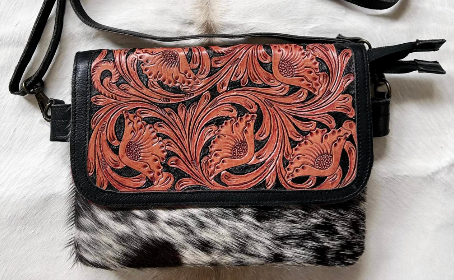 Women's Cowhide Purse W/ Leather Tooled Flap Crossbody