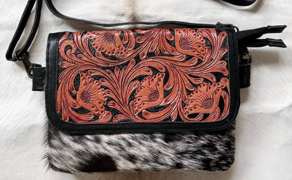 Women's Cowhide Purse W/ Leather Tooled Flap Crossbody