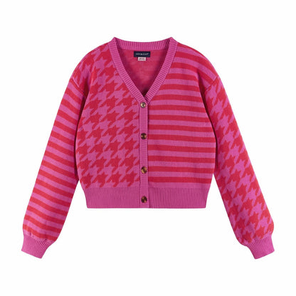 Girl's Houndstooth N' Striped Cropped Cardigan