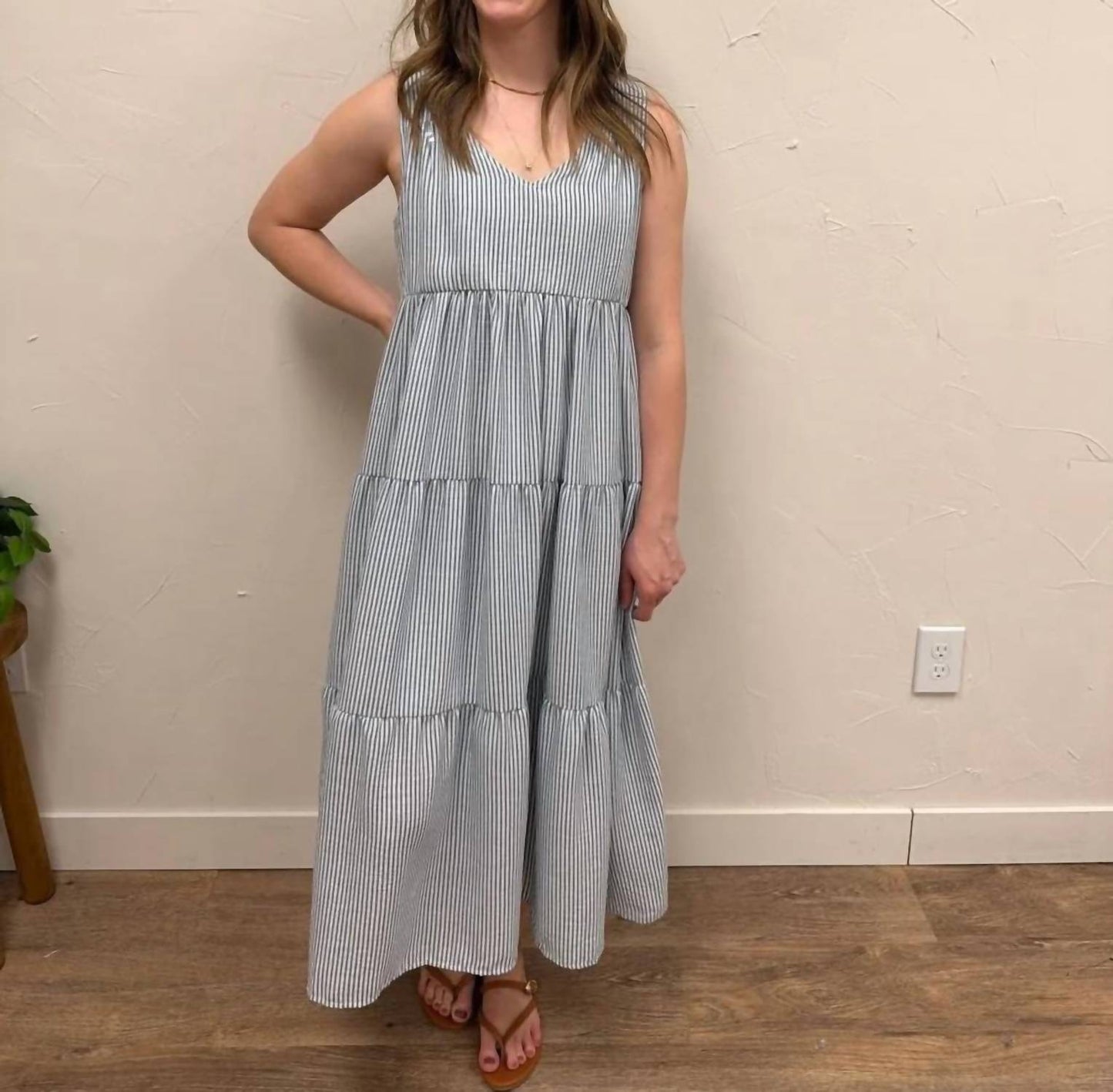 V-neck Sleeveless Tiered Stripe Midi Dress