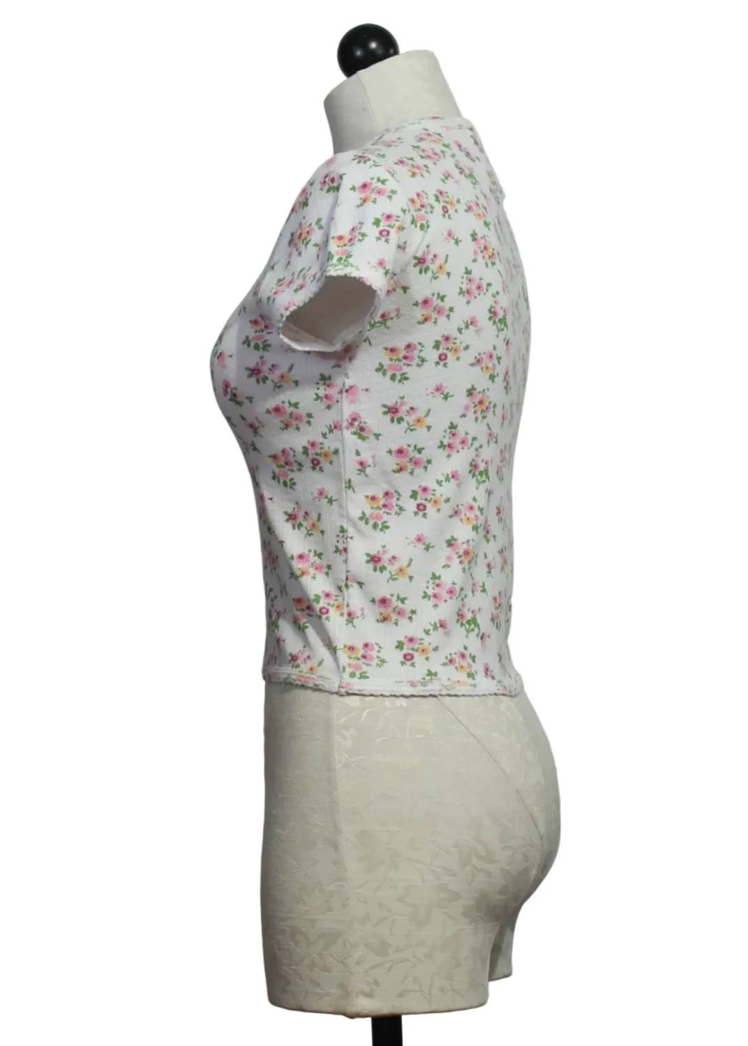 Women's Floral Pointelle Cap Sleeve Baby Tee