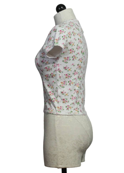 Women's Floral Pointelle Cap Sleeve Baby Tee