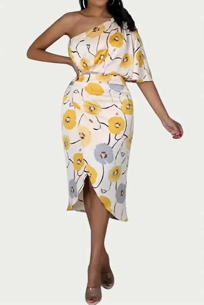Black Pearl Clothing - ONE-SHOULDER RUCHED FLORAL-PRINT MIDI DRESS - Rack Hunt