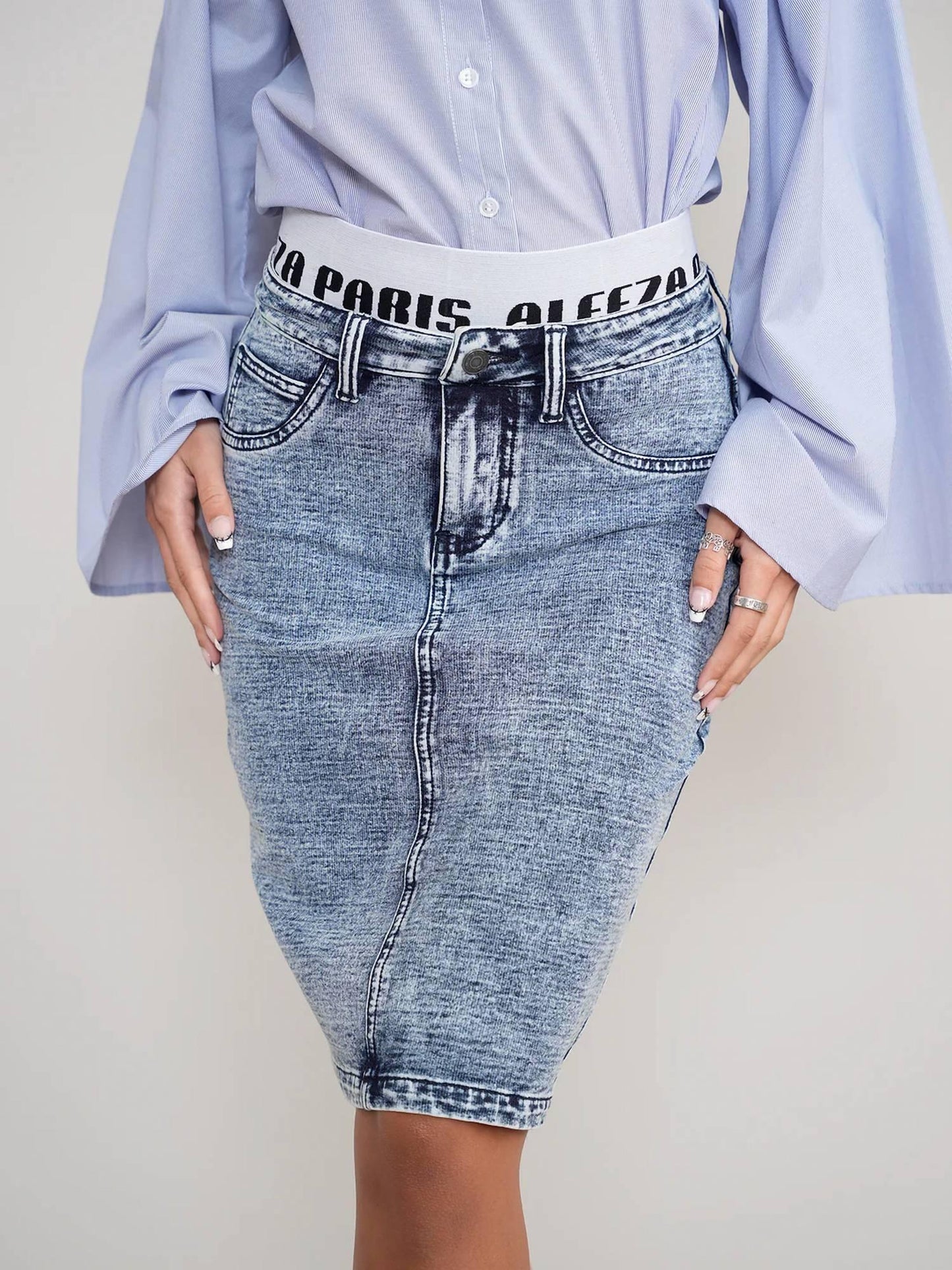 Aleeza Paris - Denim Straight Skirt with Elastic Waistband - Rack Hunt