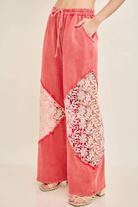 Mineral Washed Floral Lace Elastic Waist Cool Pant
