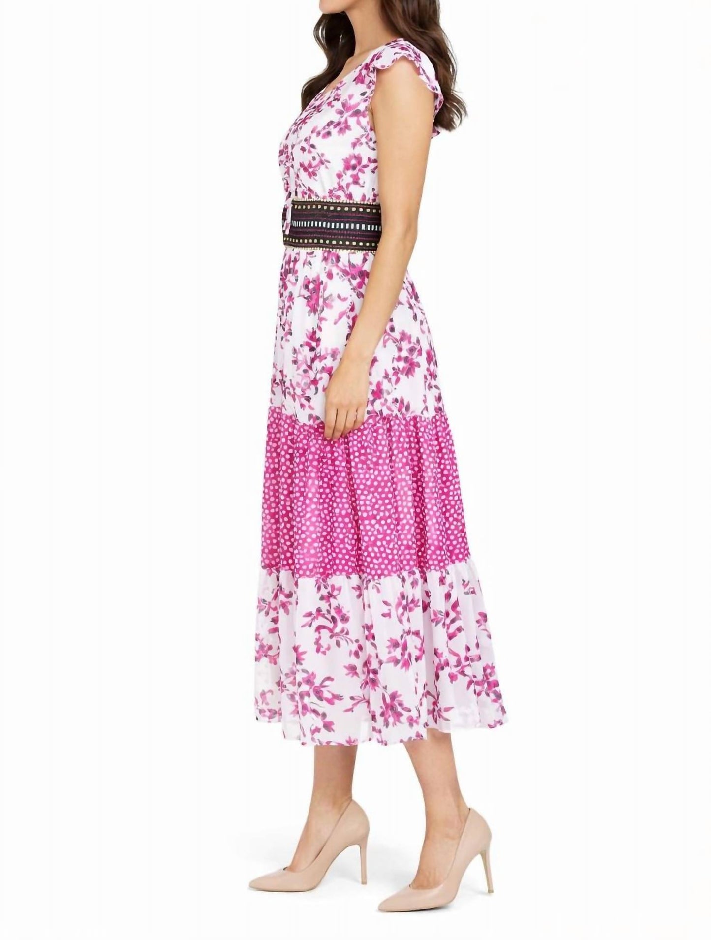 V Neck Chiffon Printed Midi Dress