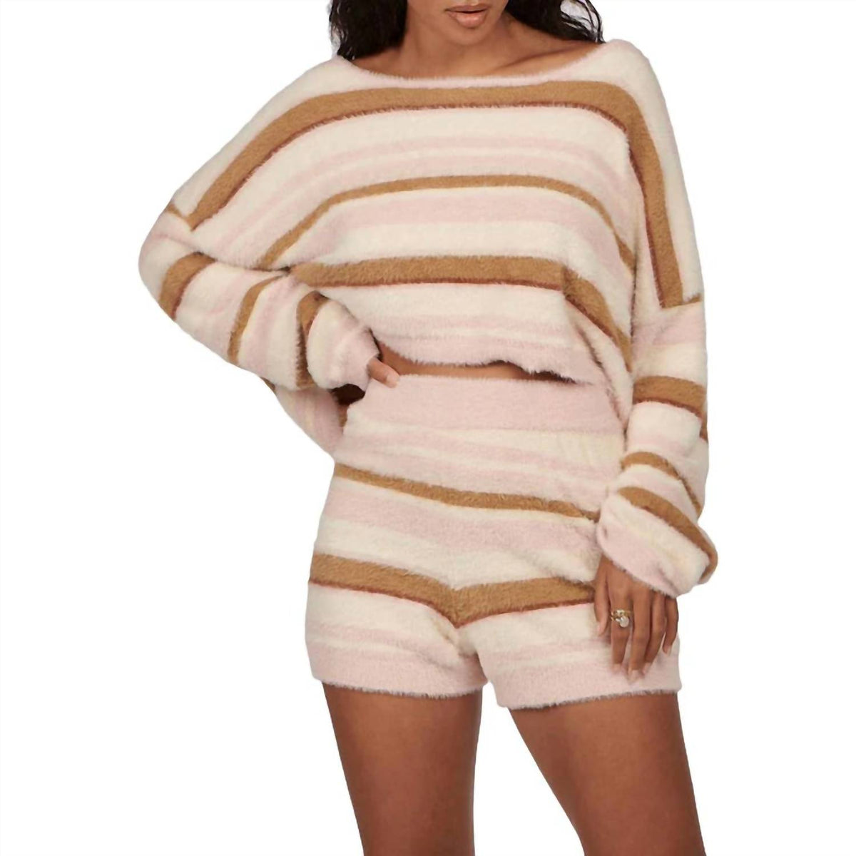 Tellow Striped Fuzzy Knit Crop Top