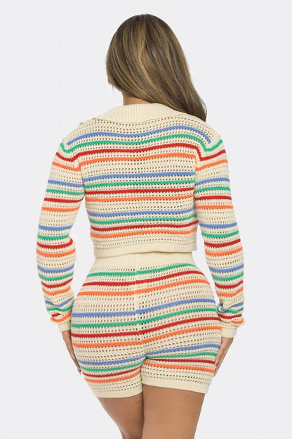 Long Sleeve Collar Stripe Knit Set