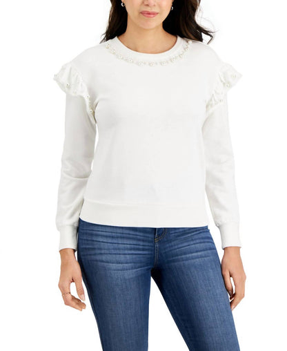 Faux-Pearl-Embellished Ruffled-Shoulder Top