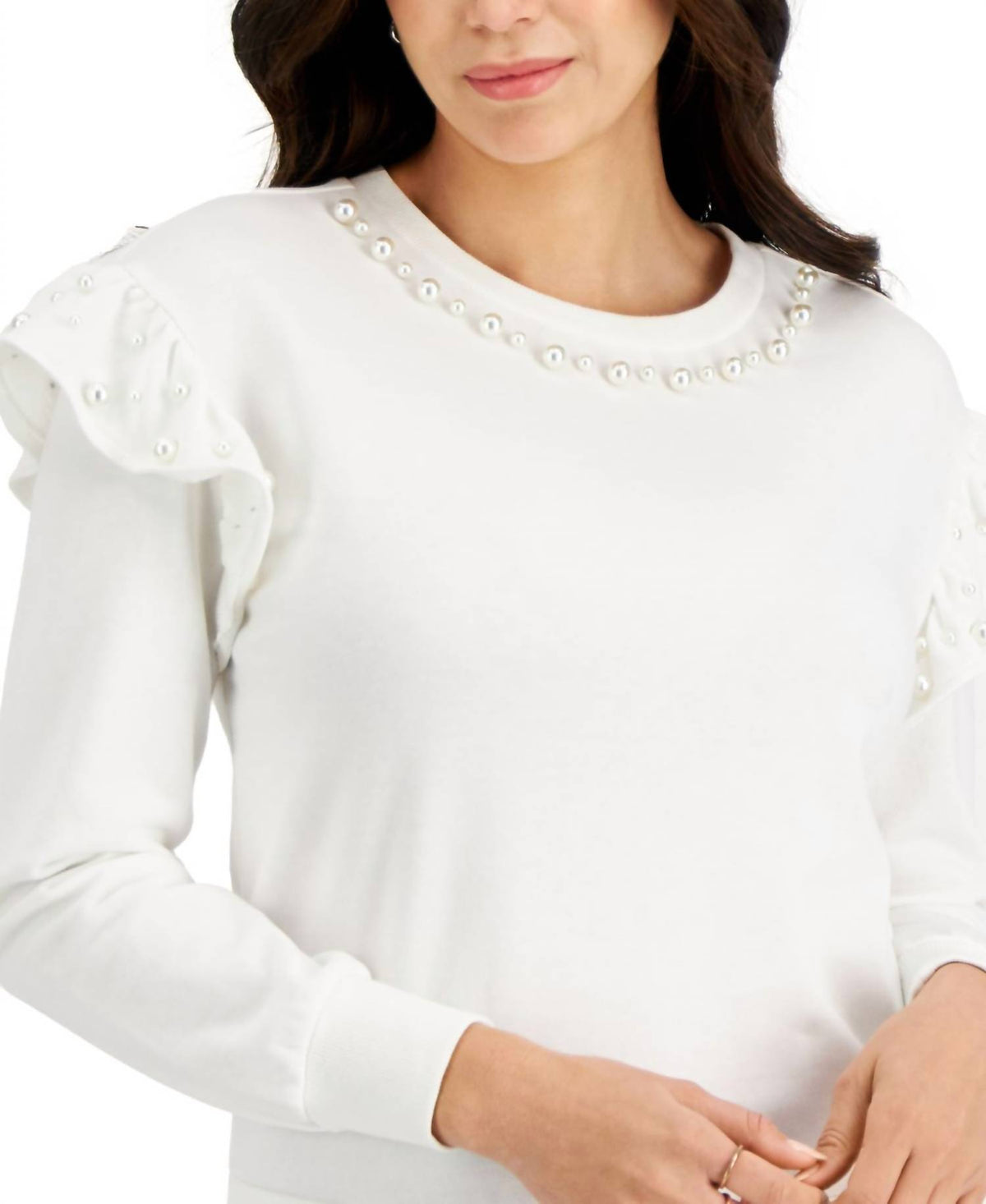 Faux-Pearl-Embellished Ruffled-Shoulder Top
