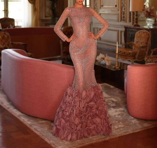 Long Sleeve Rosette Couture Dress