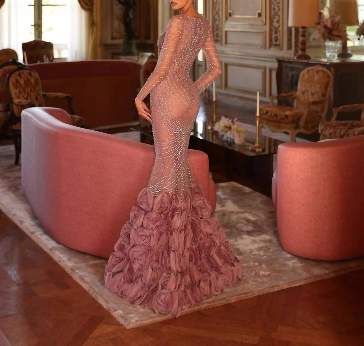 Long Sleeve Rosette Couture Dress