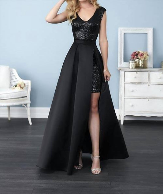 Christina Wu Women's Sequined Dress With Removable Satin Overskirt in Black