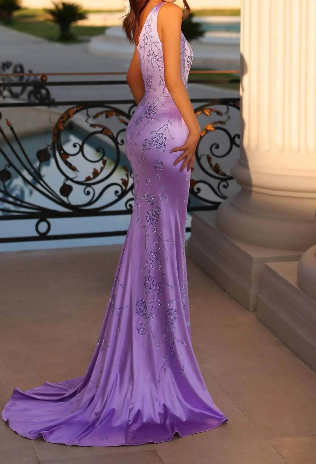 Floral Beaded Asymmetrical Prom Gown