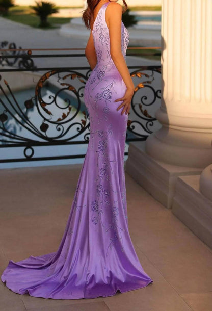 Floral Beaded Asymmetrical Prom Gown