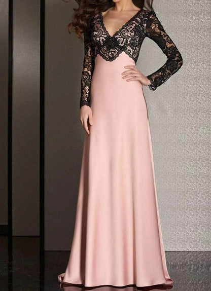 Lace V-neck Evening Gown With Sleeves