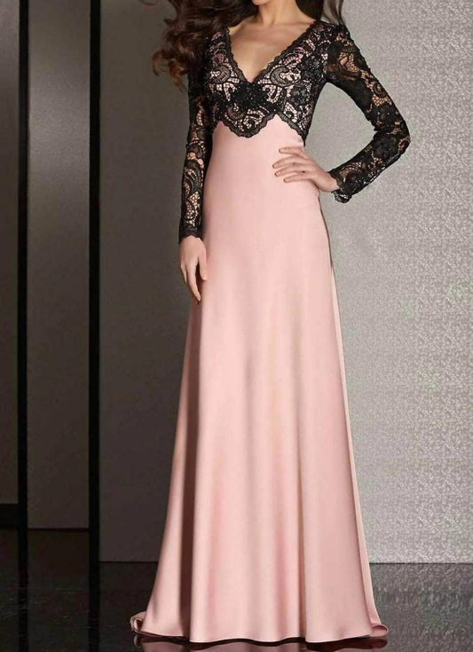Lace V-neck Evening Gown With Sleeves
