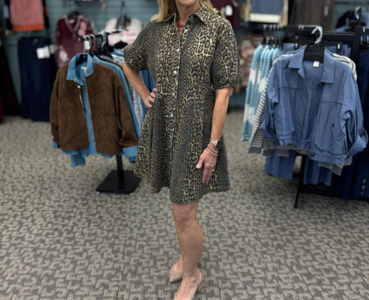 Washed Leopard Denim Button Up Mini Shirt Dress
