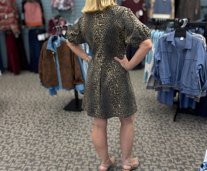 Washed Leopard Denim Button Up Mini Shirt Dress