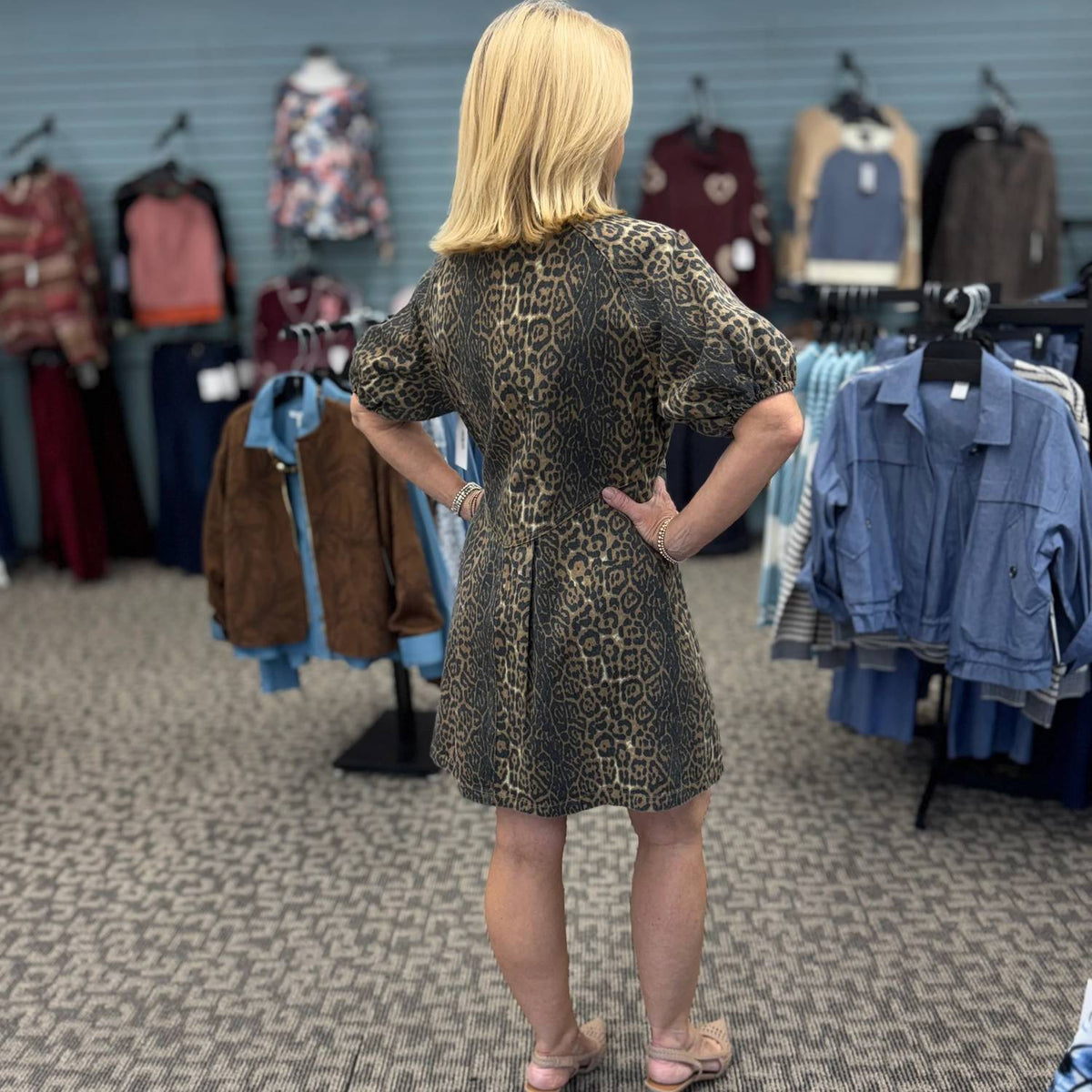 Washed Leopard Denim Button Up Mini Shirt Dress