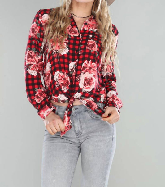 Button down floral top with tie knot
