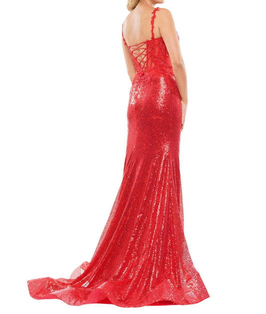 EMBROIDERED MESH SEQUIN EVENING GOWN