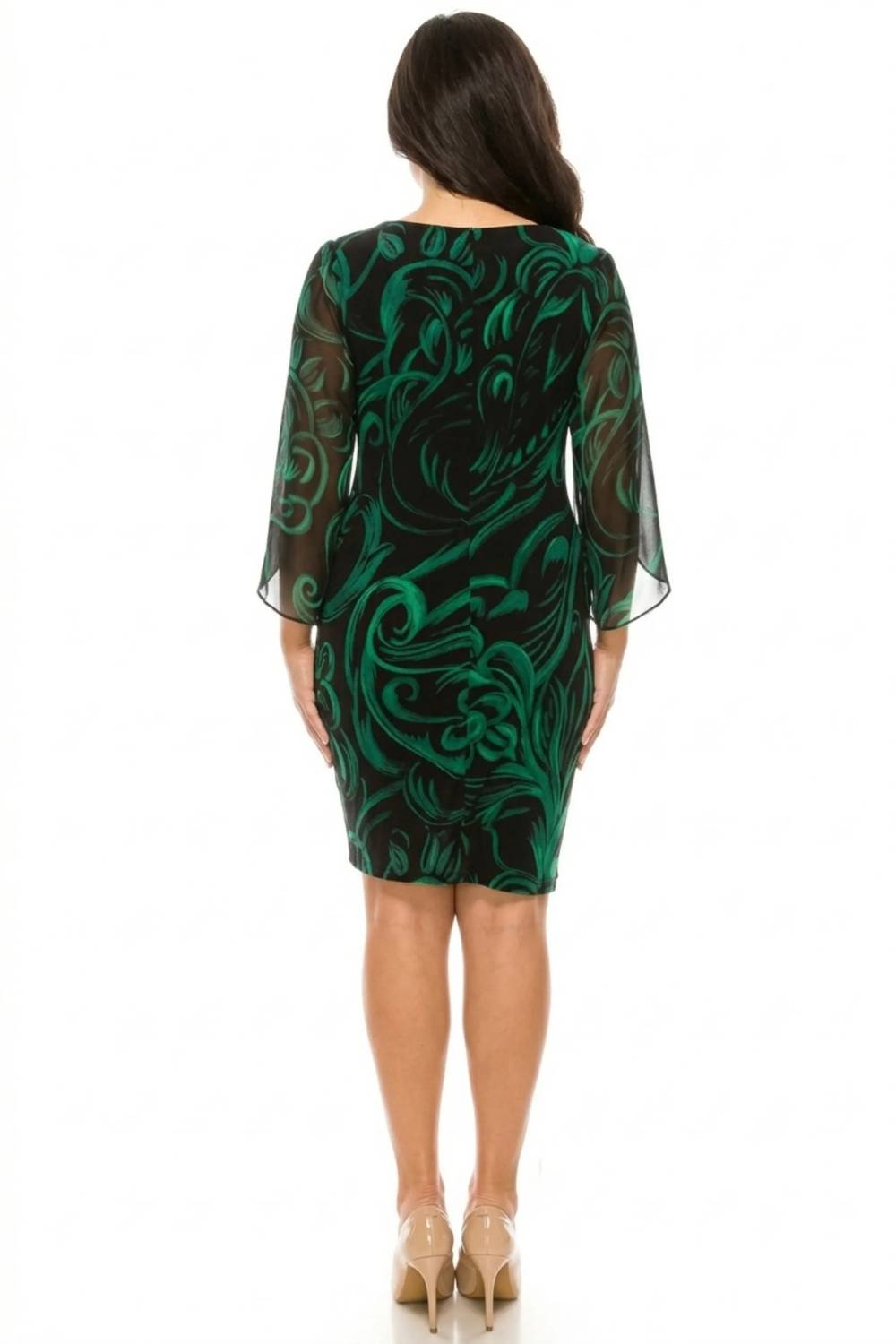 Floral Sheath Midi Dress With Sheer Chiffon Cape Sleeves