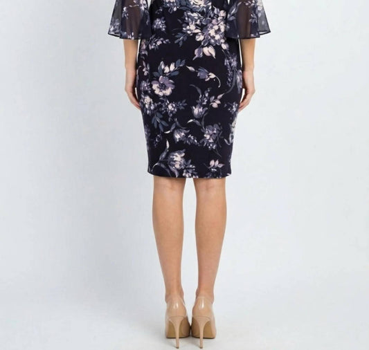 Floral Side-tie Sheath Midi Dress With Chiffon Bell Sleeves