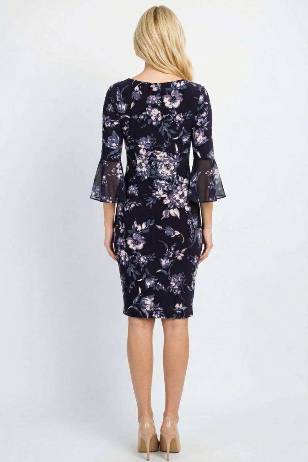 Floral Side-tie Sheath Midi Dress With Chiffon Bell Sleeves