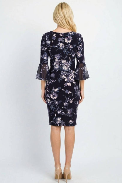 Floral Side-tie Sheath Midi Dress With Chiffon Bell Sleeves