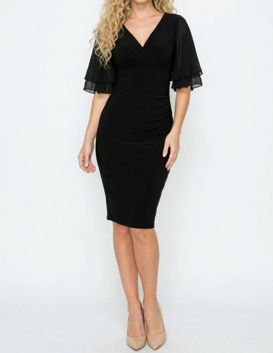 Side-ruched Sheath Midi Dress With Tiered Chiffon Flutter Sleeves