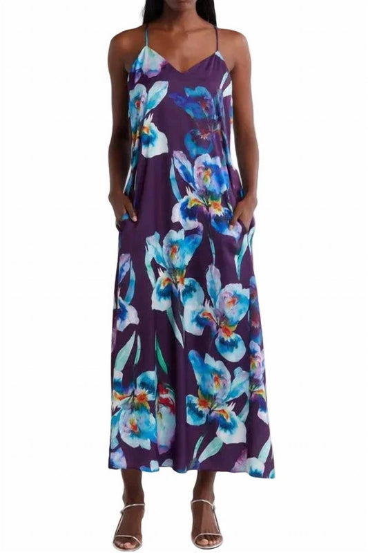 V-neck Tea-length Satin Floral Print Dress