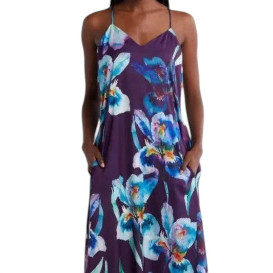 V-neck Tea-length Satin Floral Print Dress