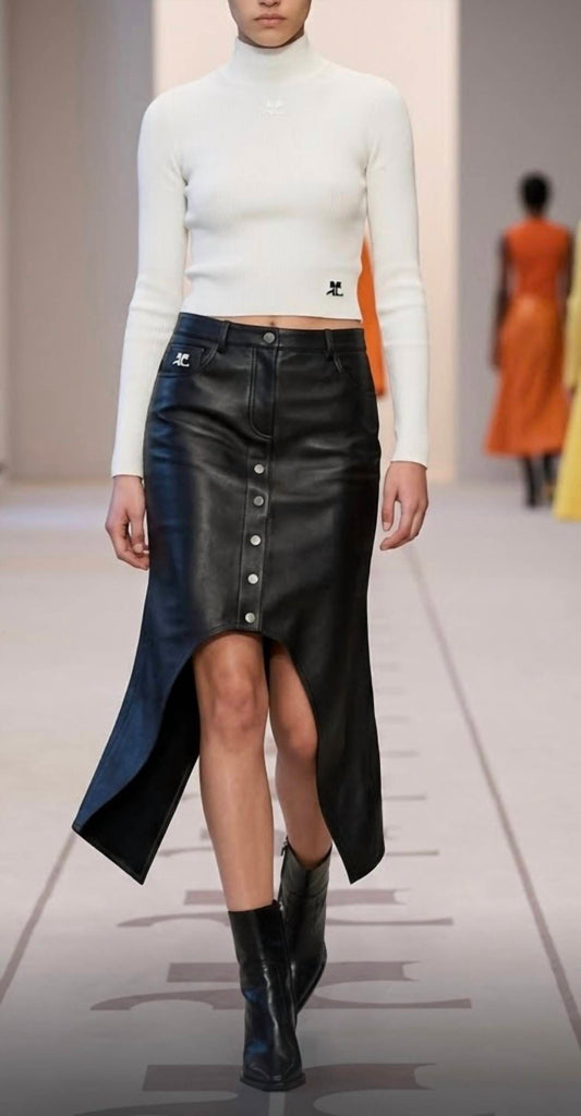 Asymmetric Leather Midi Reverse Leather Skirt