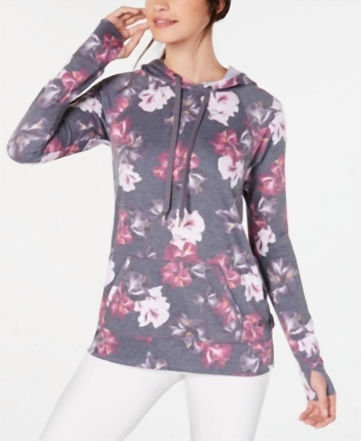 Ideology Womens Activewear Floral Print Lace Up Hoodie