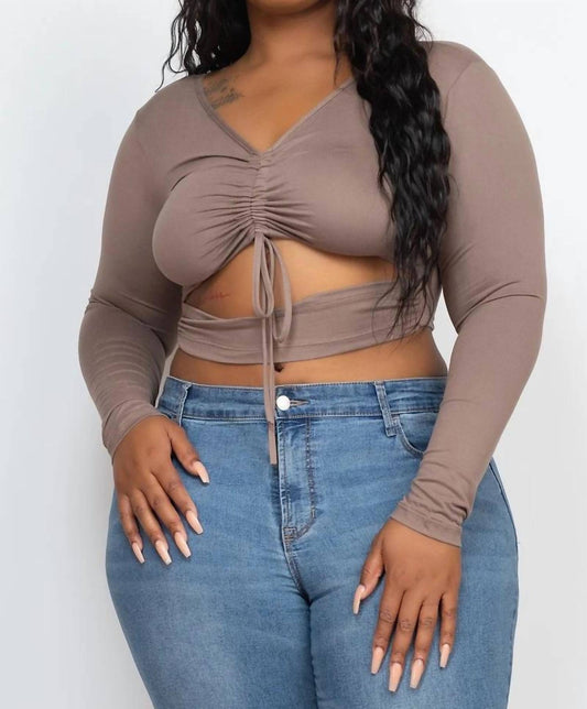 Drawstring Ruched Cutout Crop Top - Plus