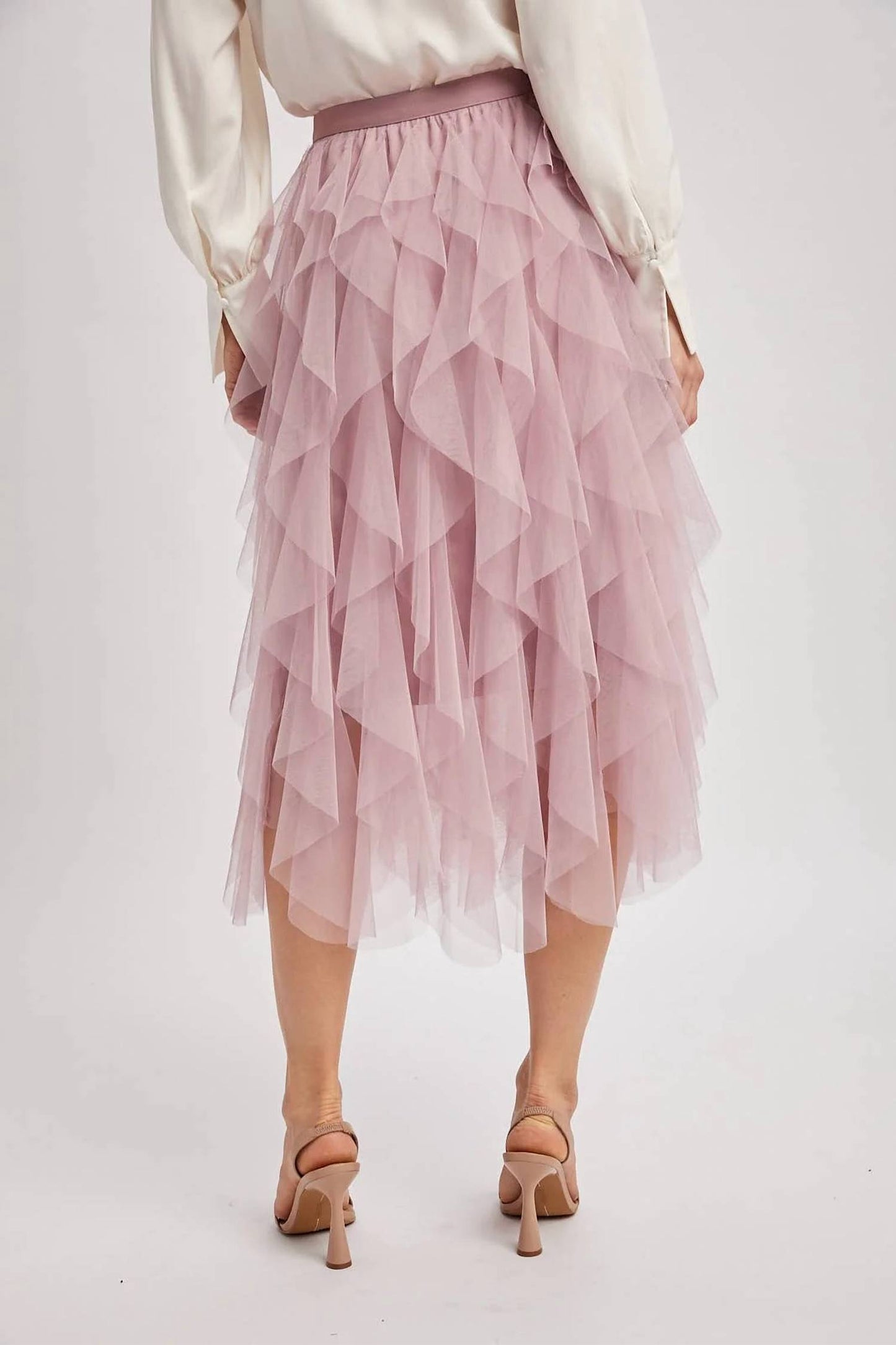 Spiral Ruffled Tulle Midi Skirt