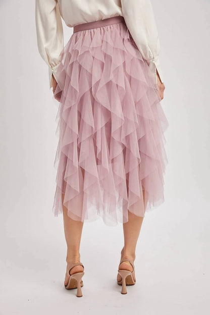 Spiral Ruffled Tulle Midi Skirt
