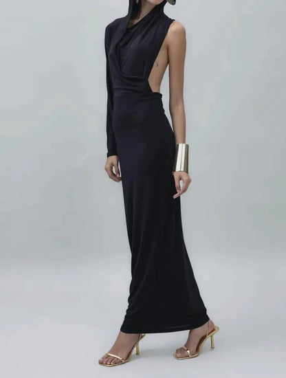 Hooded One Sleeve Open Back Maxi Dress